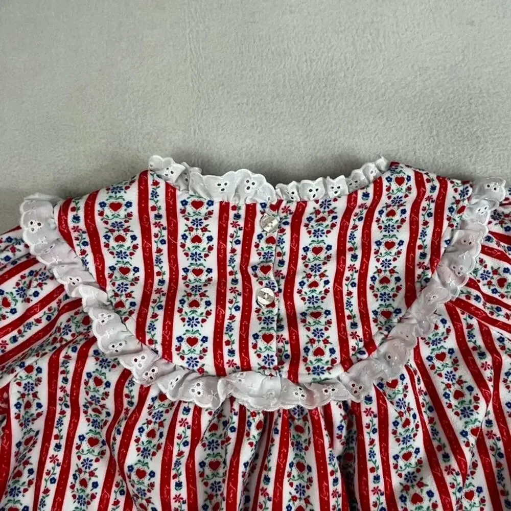 Lanz Nightgown Girls M 7/8 Red White Tyrolean Floral Fleece Eyelet Lace